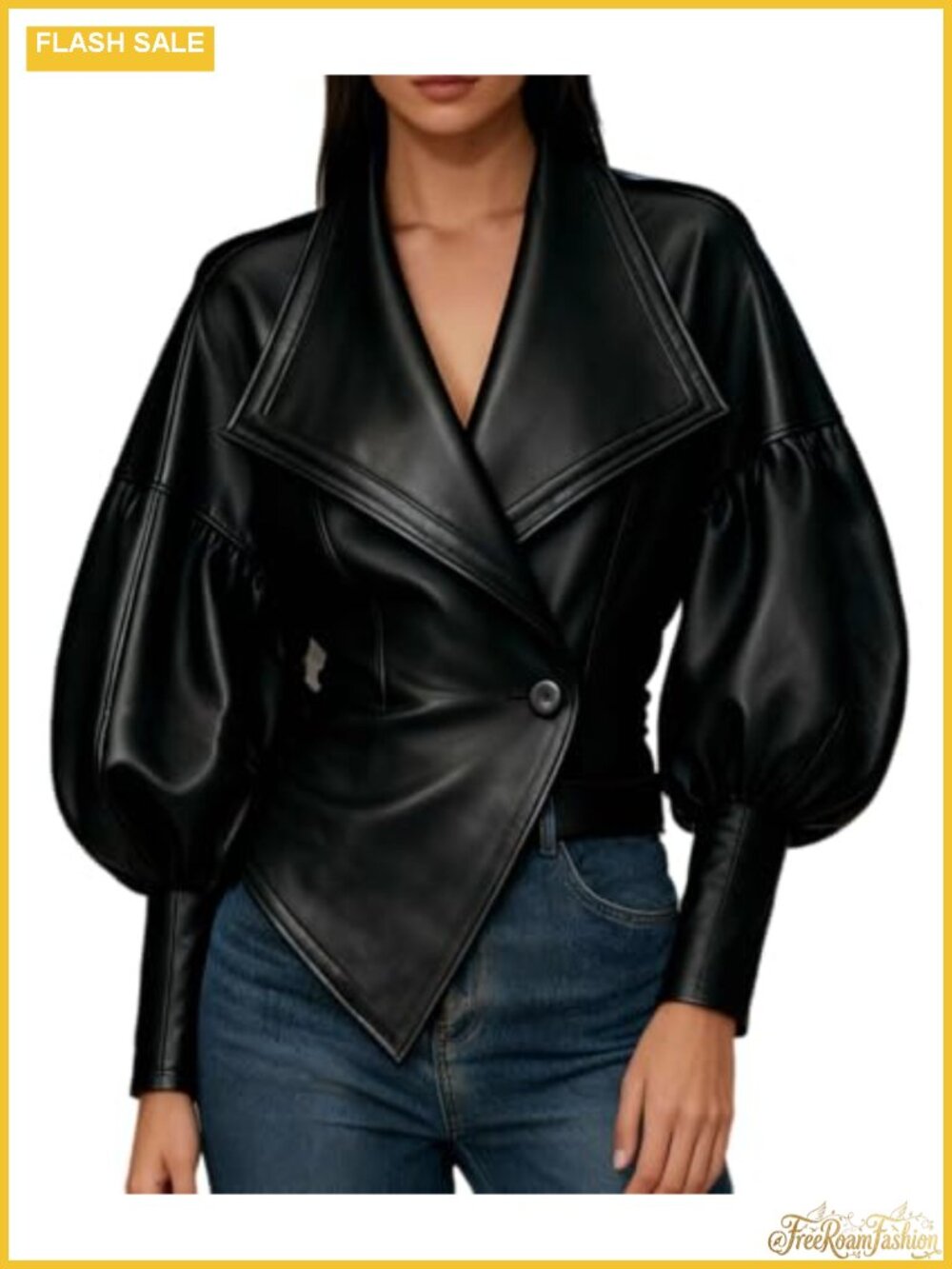 Cropped PU Leather Jacket Women Puff Sleeve Bomber Moto
